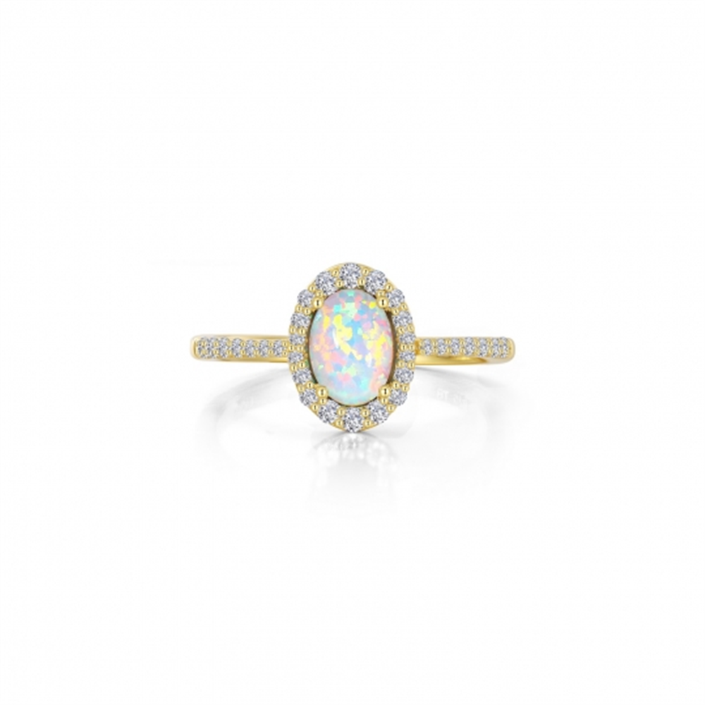 The Lafonn RG CL/SIMULATED OPAL S.S. GP 1.92 CTW OPAL HALO RG #7 is a stunning gold halo ring featuring an oval-shaped opal as the central gemstone, surrounded by a halo of small diamonds and adorned with additional diamonds on the band. The opal showcases a range of pastel colors, including pink, blue, and green.
