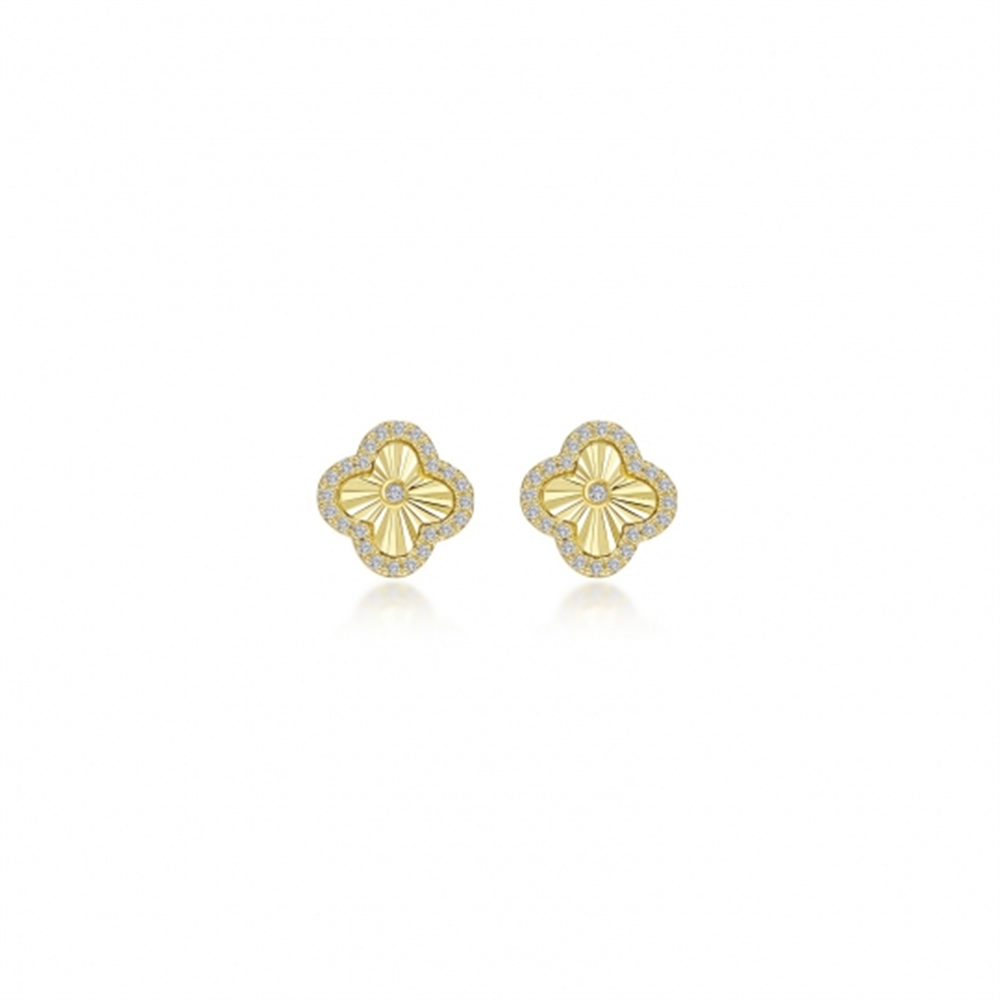 Introducing the ER CL S.S GP 0.50 CTW STUDS ER BULLETS BACKING from Lafonn, a stunning pair of gold and diamond stud earrings with a clover-shaped design. Each earring showcases 0.50 CTW diamonds, featuring a textured gold pattern at the center surrounded by a border of small, sparkling stones. The symmetrical and elegant design is complemented by bullet backings for secure wear, all set against a pristine white background.