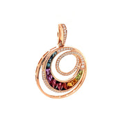 The Bellarri 14K rose gold pendant features several intertwining loops, adorned with small white crystals and multi-color gemstones—including peridot, citrine, rhodolite, amethyst, iolite, and blue topaz—arranged in a gradient from blue to purple, pink, orange, and green. This sleek and modern design is enhanced by genuine diamonds for added elegance.