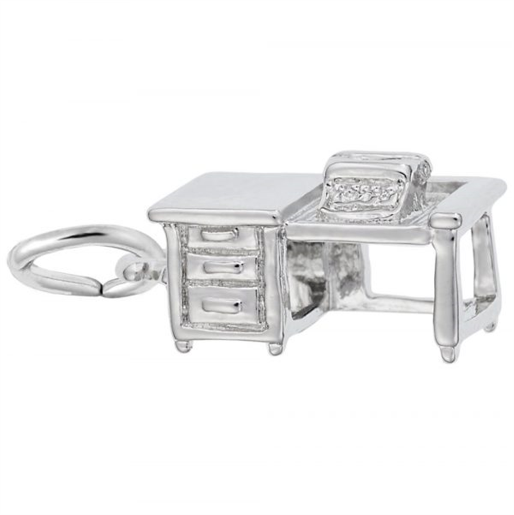 The Rembrandt Charms Typewriter Desk Charm in sterling silver features an office desk design with drawers and a vintage typewriter on top, complete with a round clasp for easy attachment to a bracelet or necklace—a perfect writer gift or unique piece of vintage typewriter jewelry.