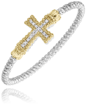 An elegant beaded bracelet from Alwand Vahan Jewelry features a prominent 14k gold cross adorned with small white diamonds totaling 0.24 carats. The intricately textured beads are made of sterling silver, creating a contrasting yet harmonious blend of colors and materials that reflect religious symbolism beautifully. The bracelet's band measures 4mm, adding to its sophisticated design.