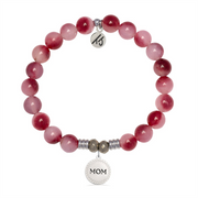 The T Jazelle Cherry Jade Gemstone Bracelet features round cherry jade beads, an Endless Love Mom sterling silver charm, and a small "15" charm.