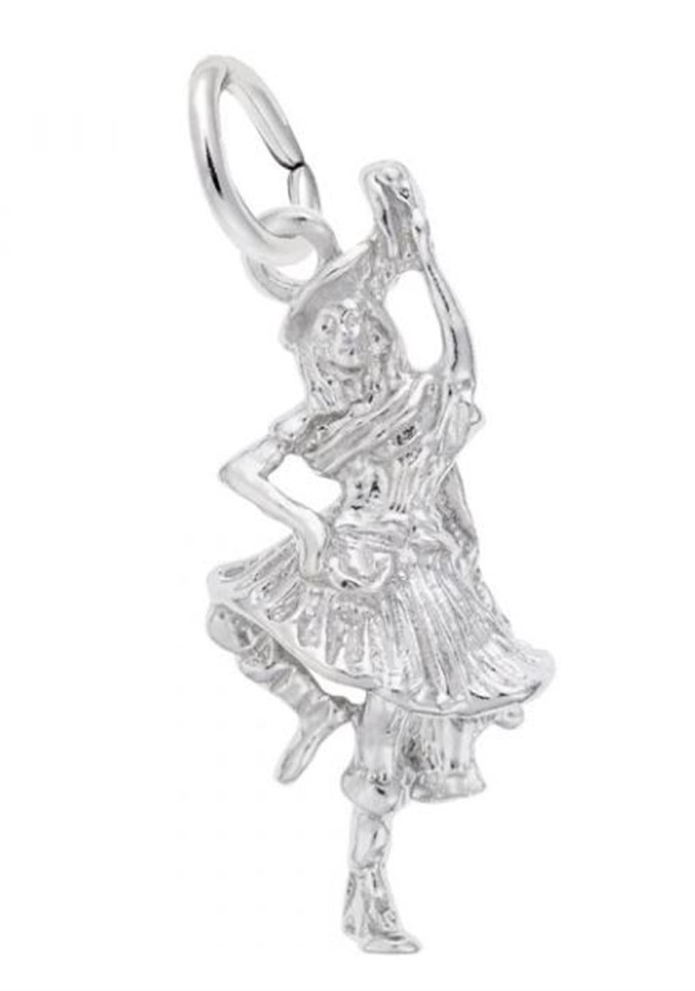 The Highland Dancer - Sterling Silver Charm by Rembrandt Charms features a detailed figure of a highland dancer in mid-pose. The dancer is adorned in a flowing skirt, raising one arm while the other rests on their hip. The charm includes a loop at the top for easy attachment to a necklace or bracelet.