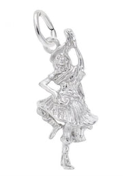 The Highland Dancer - Sterling Silver Charm by Rembrandt Charms features a detailed figure of a highland dancer in mid-pose. The dancer is adorned in a flowing skirt, raising one arm while the other rests on their hip. The charm includes a loop at the top for easy attachment to a necklace or bracelet.
