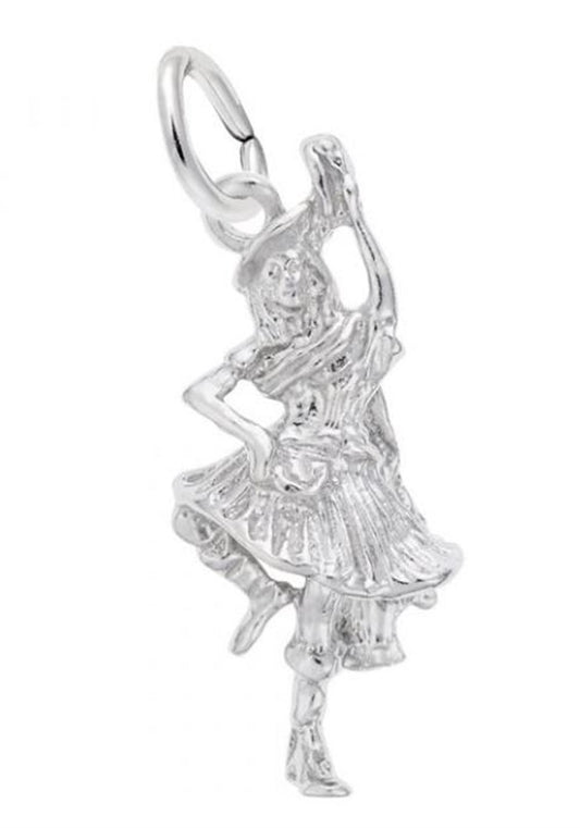 The Highland Dancer - Sterling Silver Charm by Rembrandt Charms features a detailed figure of a highland dancer in mid-pose. The dancer is adorned in a flowing skirt, raising one arm while the other rests on their hip. The charm includes a loop at the top for easy attachment to a necklace or bracelet.