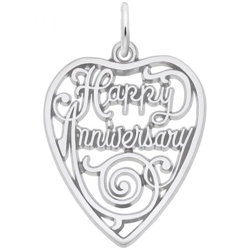  'Sterling silver heart-shaped charm with the engraved text: Happy Anniversary, featuring intricate scrollwork. Style 2892, 0.75 in x 0.85 in (19.08 mm x 21.69 mm).'