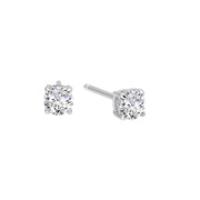 The 0.50 TCW Diamond Stud Earrings by Lafonn are crafted from sterling silver and each features a single round, clear simulated diamond securely set in a four-prong setting. The image showcases one earring facing forward and the other displaying its side view against a plain white background.