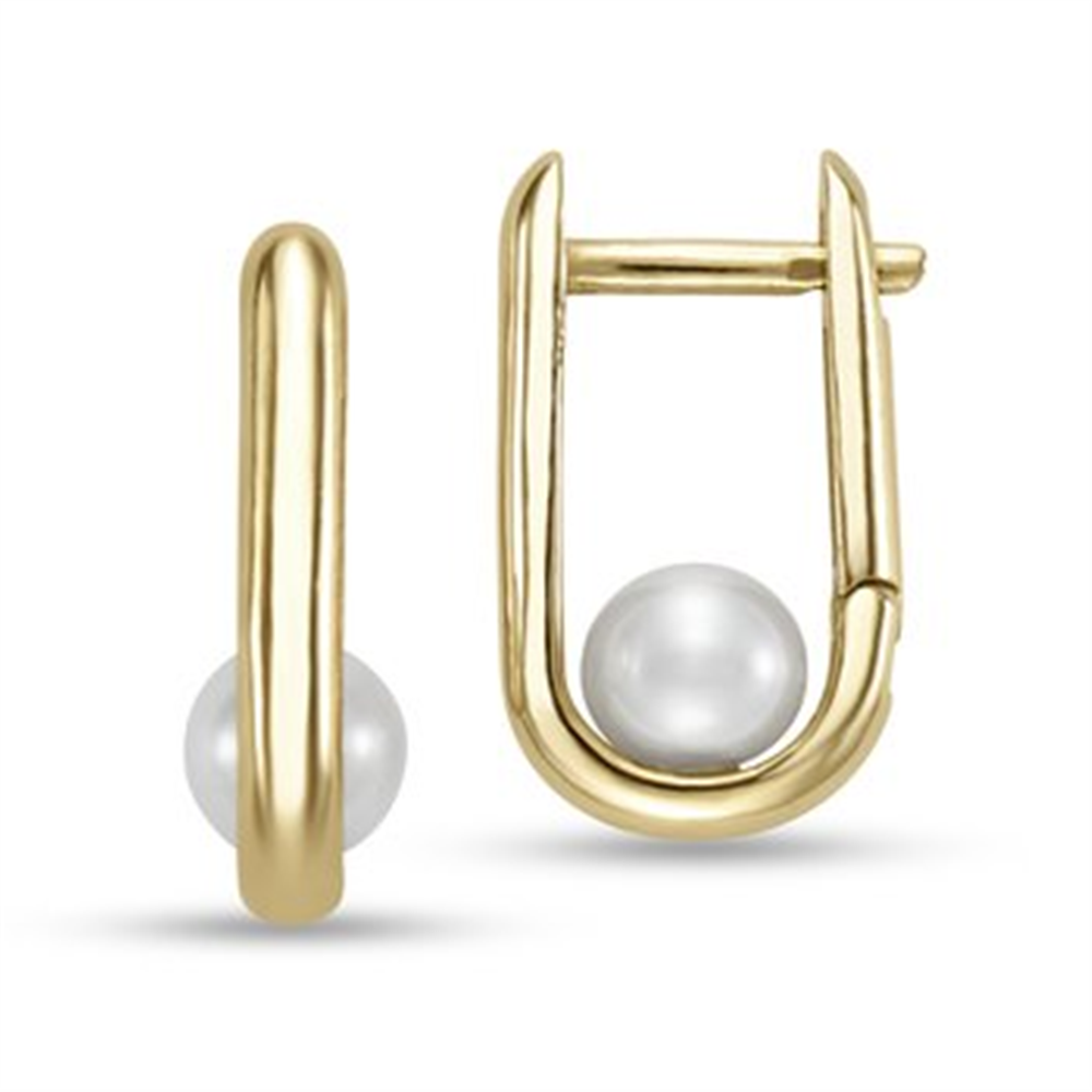 Mastoloni Pearls 4MM freshwater pearl square-shaped hoop earrings feature a U-shaped gold design with a single pearl at the base, shown on a white background with front and side views.