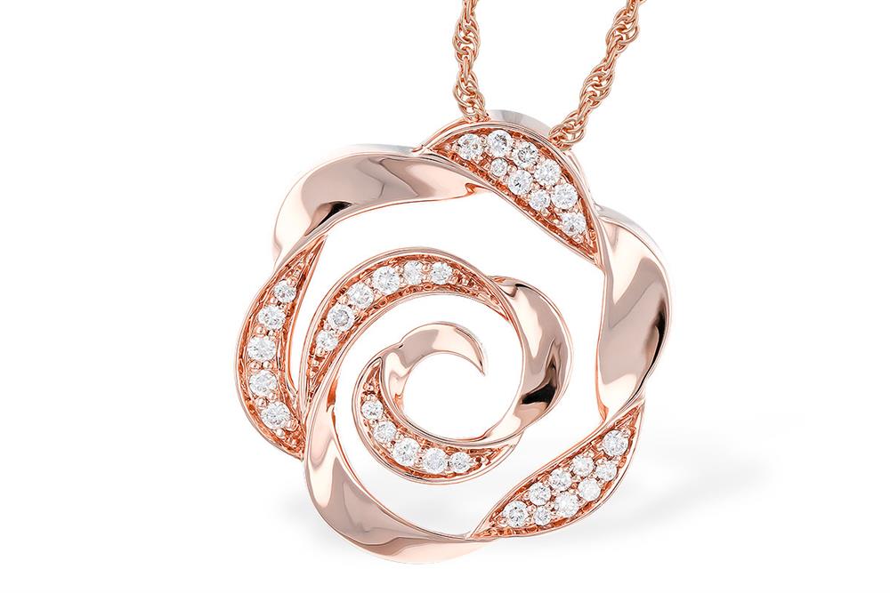 This Allison Kaufman necklace, named "Diamonds," is a pendant crafted in exquisite 14K white gold. It features swirling rose-shaped petals encrusted with sparkling diamonds on a twisted chain, making it a standout accessory for any occasion.