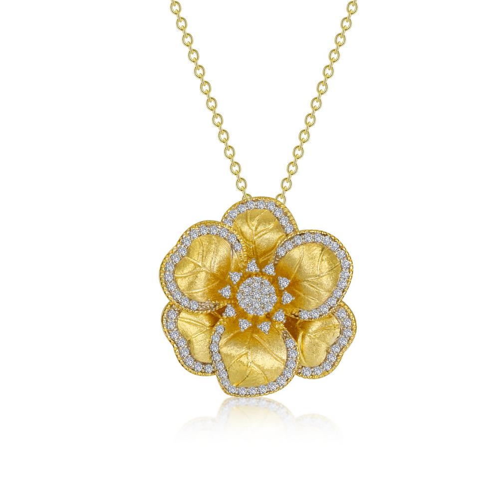The Flower Necklace by Lafonn is a gold pendant necklace adorned with shimmering simulated diamonds. It features a detailed, multi-petaled flower design suspended from an elegant gold chain. The petals exhibit a textured appearance, with the diamonds outlining each petal and forming a cluster in the center—making it a timeless classic.