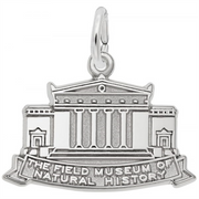 The Field Museum of Natural History Charm in Sterling Silver by Rembrandt Charms features a detailed engraving of a classical building with columns and a triangular pediment. Below the building, a banner reads, "THE FIELD MUSEUM OF NATURAL HISTORY.