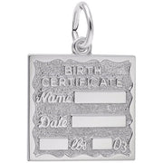 The Engraveable Birth Certificate Charm by Rembrandt Charms is crafted in sterling silver and designed to resemble a birth certificate. It features spaces labeled "Name," "Date," and "lbs" with the number "03", along with a textured background and a small loop at the top for attachment to a chain.