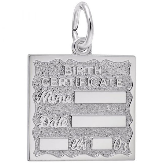 The Engraveable Birth Certificate Charm by Rembrandt Charms is crafted in sterling silver and designed to resemble a birth certificate. It features spaces labeled "Name," "Date," and "lbs" with the number "03", along with a textured background and a small loop at the top for attachment to a chain.