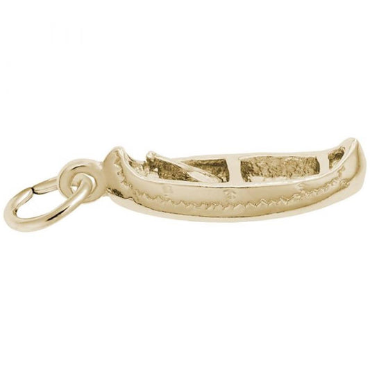 A close-up image of the Rembrandt Charms Canoe Charm in 10K yellow gold, showcasing its intricate textures and a circular ring for attaching to a bracelet or necklace.