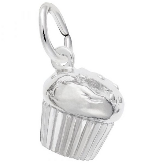 The Rembrandt Charms muffen ss is a silver cupcake charm featuring a detailed textured design, a smooth top, and grooved base, complete with a loop for easy bracelet or necklace attachment.
