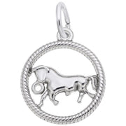The Taurus Charm from Rembrandt Charms is a sterling silver charm with a circular rope-like frame and a detailed horse figure in a trotting posture at the center. It features a small loop at the top for easy attachment to a necklace or bracelet, making it perfect for those who appreciate timeless elegance.