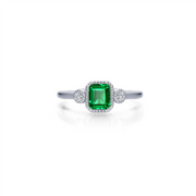 The Lafonn size 7 emerald ring features a square-cut green center stone flanked by two round clear stones, showcased on a plain white background.