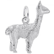 'Sterling silver alpaca charm with a textured surface, measuring 0.61 inches by 0.7 inches, featuring a loop for attachment.'