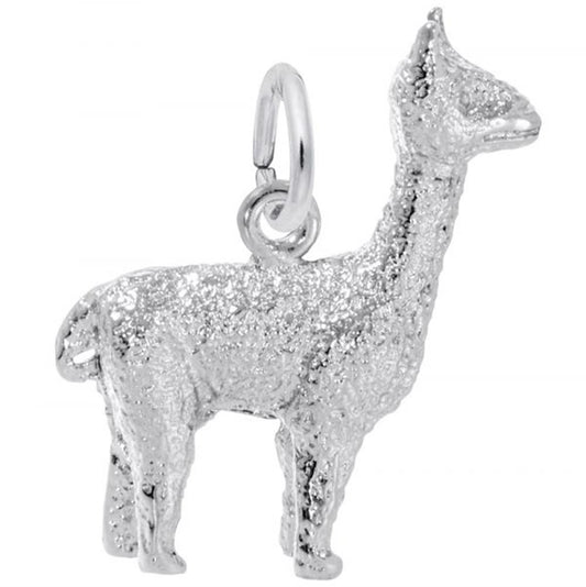 'Sterling silver alpaca charm with a textured surface, measuring 0.61 inches by 0.7 inches, featuring a loop for attachment.'
