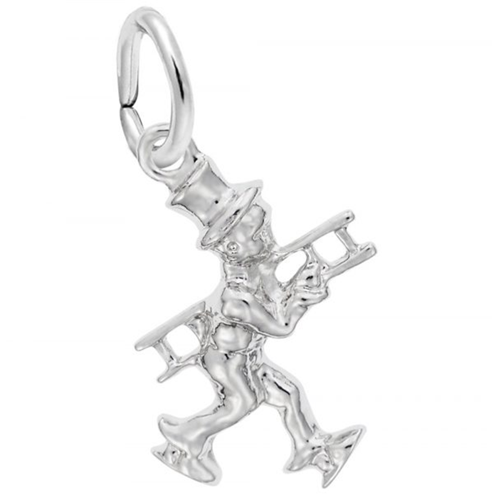 The Rembrandt Charms Chimney Sweep Charm, crafted from sterling silver, depicts a man in a top hat and tailcoat carrying a ladder over his shoulder—a delightful nod to the classic chimney sweep. It features a loop at the top for easy attachment to a bracelet or necklace.