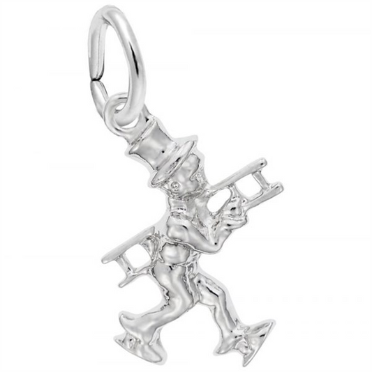 The Rembrandt Charms Chimney Sweep Charm, crafted from sterling silver, depicts a man in a top hat and tailcoat carrying a ladder over his shoulder—a delightful nod to the classic chimney sweep. It features a loop at the top for easy attachment to a bracelet or necklace.