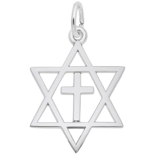 The Interfaith Symbol Charm by Rembrandt Charms is a stunning sterling silver pendant featuring a Star of David with an interlocking Christian cross in the center. Designed with elegance, this beautiful charm includes a loop at the top for easy attachment to a chain or necklace.
