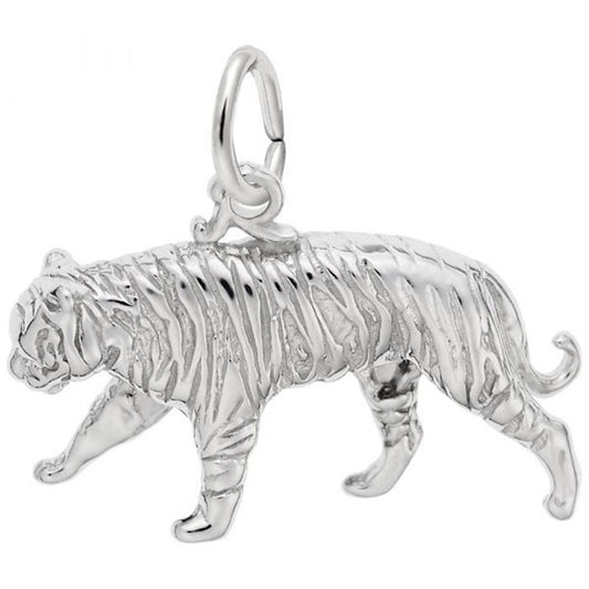 The Rembrandt Charms Tiger Charm in sterling silver showcases intricate stripes and a gracefully curved tail, complete with a small loop on its back for easy attachment to a chain or bracelet.