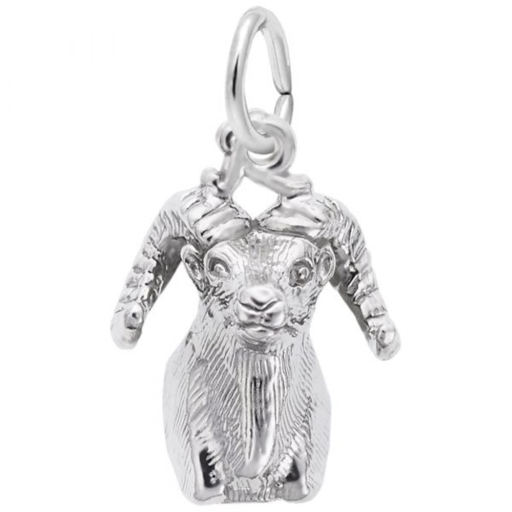 Introducing the Big Horn Sheep Head Charm in Sterling Silver by Rembrandt Charms. This pendant boasts detailed facial features and curved horns, enhanced with an intricate design that beautifully captures the texture of the ram's fur and horns. Featuring a circular loop at the top, it is perfect for attaching to a necklace or bracelet.