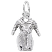 Introducing the Big Horn Sheep Head Charm in Sterling Silver by Rembrandt Charms. This pendant boasts detailed facial features and curved horns, enhanced with an intricate design that beautifully captures the texture of the ram's fur and horns. Featuring a circular loop at the top, it is perfect for attaching to a necklace or bracelet.
