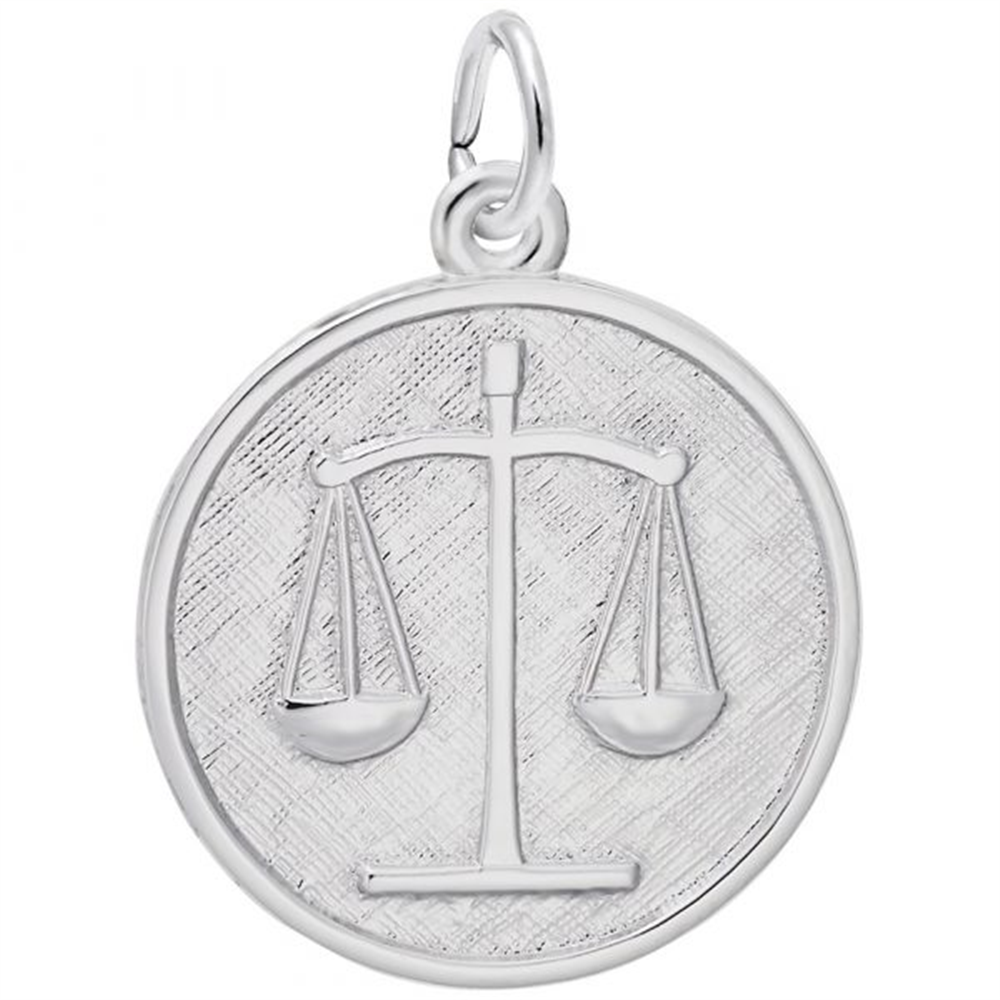 The Scales of Justice Charm/ Sterling Silver by Rembrandt Charms showcases a raised design of the Scales of Justice on a textured round background. This pendant symbolizes justice and balance, featuring a small loop at the top for easy attachment to a chain.