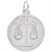 The Scales of Justice Charm/ Sterling Silver by Rembrandt Charms showcases a raised design of the Scales of Justice on a textured round background. This pendant symbolizes justice and balance, featuring a small loop at the top for easy attachment to a chain.