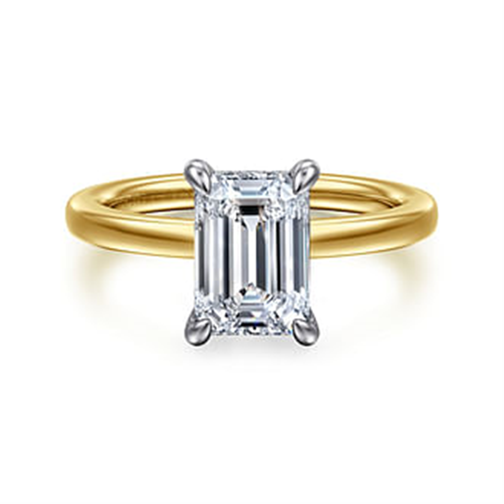 A Gabriel & Co 14K two-tone gold ring featuring an 8.5x6.0mm, 2ct rectangular emerald center in a four-prong setting (SN: S2079328), shown from the front on a plain white background.