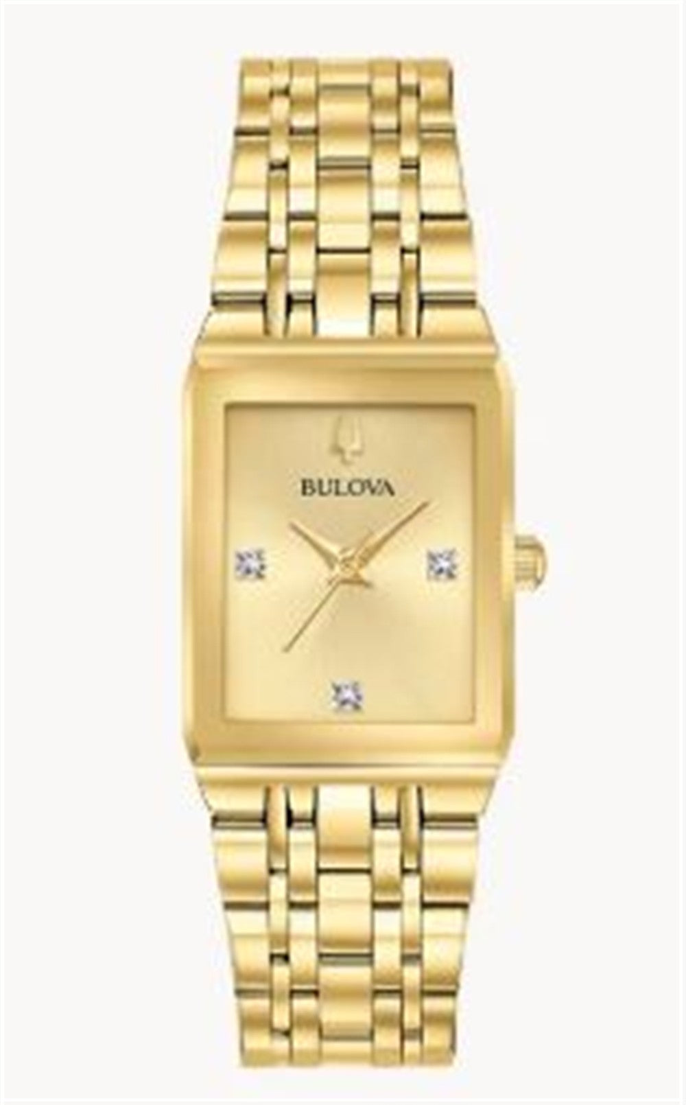 Bulova Watch Company’s Quadra Modern 97P140 is a gold tone rectangular ladies watch with a gold face and four diamond markers at 12, 3, 6, and 9 o'clock.