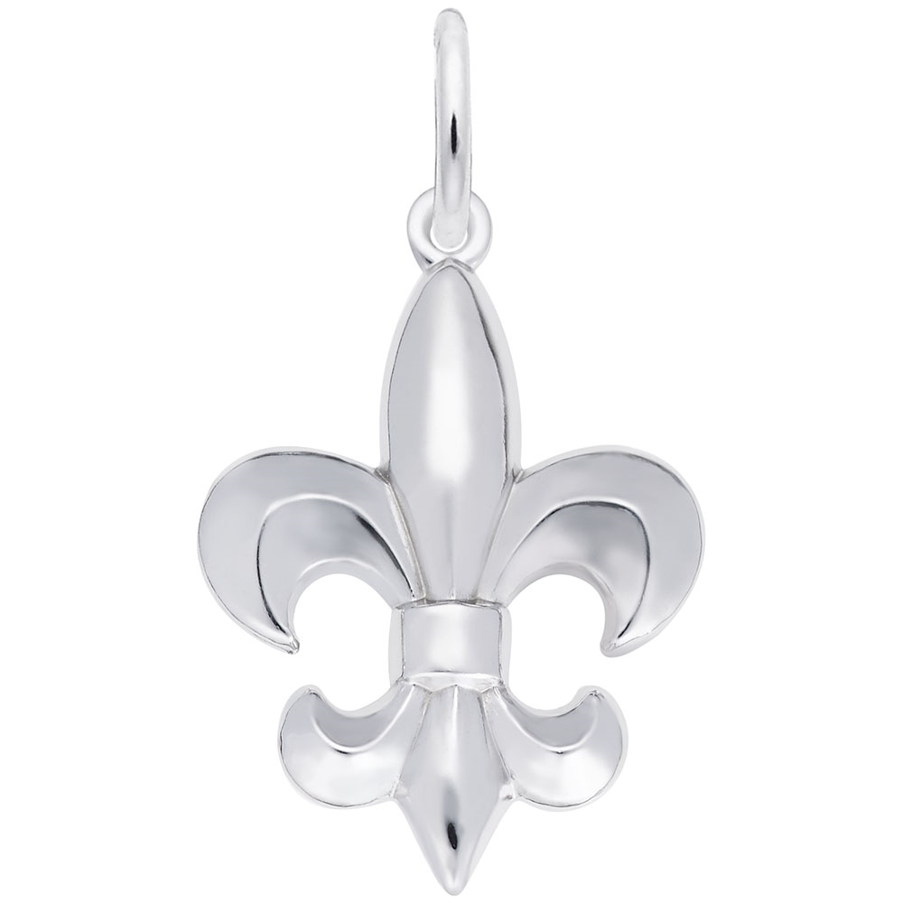 The Rembrandt Charms Fleur De Lis Charm, crafted from sterling silver, showcases a smooth, polished surface and symmetrical flower petals. Its elegant design features a small circular loop at the top for easy attachment to a chain or bracelet.