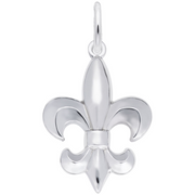 The Rembrandt Charms Fleur De Lis Charm, crafted from sterling silver, showcases a smooth, polished surface and symmetrical flower petals. Its elegant design features a small circular loop at the top for easy attachment to a chain or bracelet.