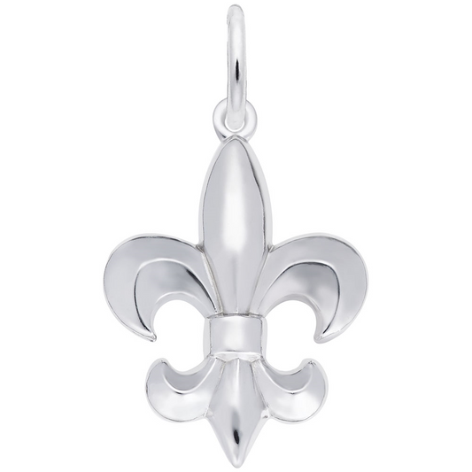 The Rembrandt Charms Fleur De Lis Charm, crafted from sterling silver, showcases a smooth, polished surface and symmetrical flower petals. Its elegant design features a small circular loop at the top for easy attachment to a chain or bracelet.