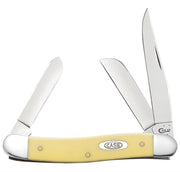 A Yellow Synthetic Smooth Medium Knife from W.R. Case & Sons Cutlery Co., featuring three open stainless steel blades and a bolstered design, is accented by the "Case" logo on its yellow synthetic handle.