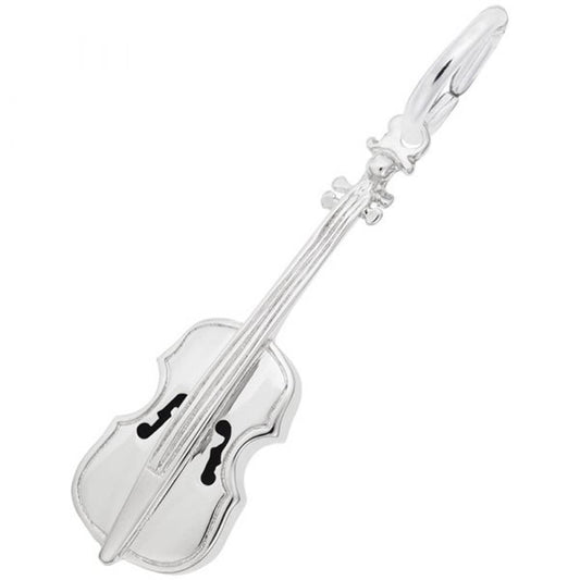 The Rembrandt Charms Cello Charm in sterling silver is intricately designed to resemble a violin, featuring detailed strings, tuning pegs, and sound holes. It includes a smooth circular loop at the top for attaching to a necklace.