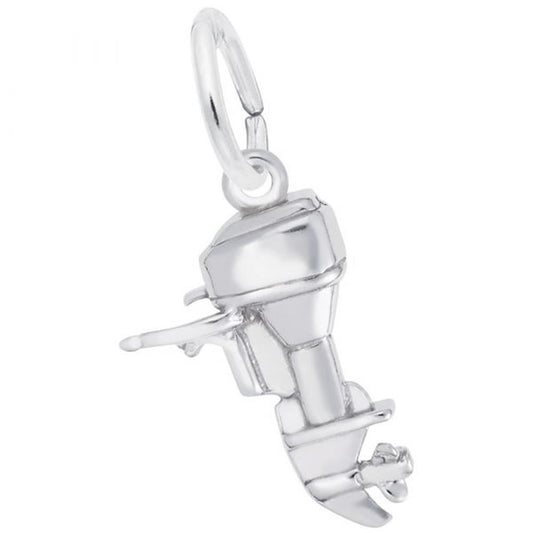 The Rembrandt Charms Outboard Boat Motor Charm in sterling silver is a detailed miniature depicting an outboard boat motor. It features intricate elements like the propeller and engine components, with a loop at the top for attaching to a bracelet or necklace.