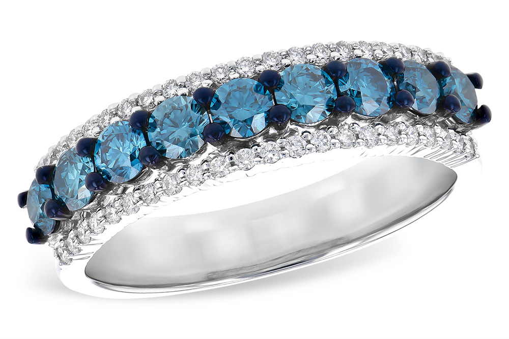 The Allison Kaufman LDS DIA RG .80 TW BLUE DIAS 1.00 TW features a polished silver band, round blue diamonds set between two rows of small clear diamonds, and dark prongs securing the blue stones.