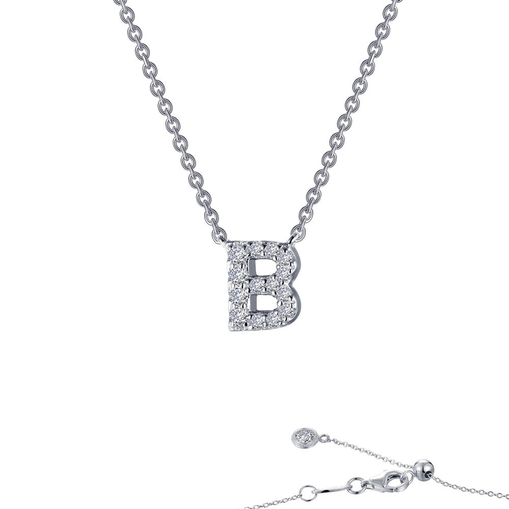 The "Letter B Pendant Necklace" by Lafonn showcases a sterling silver pendant in the shape of the letter "B," adorned with small diamonds. The delicate chain includes an adjustable clasp and additional small decorative elements, all set against a plain white background.
