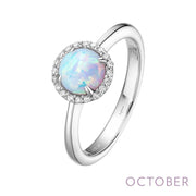 Introducing the October Birthstone Ring by Lafonn – a stunning silver ring adorned with a round opal gemstone encircled by sparkling diamonds. This iridescent gemstone shines brilliantly, and the inside of the band features "925 LAFONN" stamped for authenticity. The word "OCTOBER" is elegantly displayed at the bottom right corner of the image.