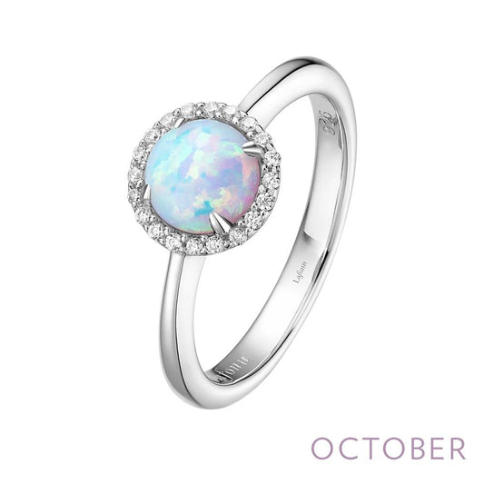 Introducing the October Birthstone Ring by Lafonn – a stunning silver ring adorned with a round opal gemstone encircled by sparkling diamonds. This iridescent gemstone shines brilliantly, and the inside of the band features "925 LAFONN" stamped for authenticity. The word "OCTOBER" is elegantly displayed at the bottom right corner of the image.