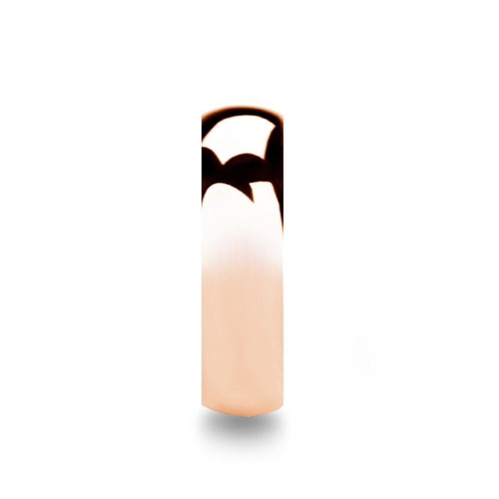 Introducing the Thorsten SOL Rose Gold Plated Tungsten Carbide Wedding Ring. This minimalist, cylindrical ring features a polished rose gold finish that beautifully reflects light and casts subtle shadows. With its smooth, shiny surface highlighting a sleek design, this 6mm wedding ring exudes elegant simplicity against a plain white background. Available in size 9.00.
