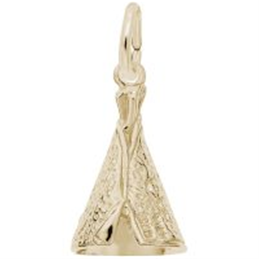 A small gold pendant shaped like a tepee with intricate detailing and a loop at the top for attaching to a chain, this Tepee Charm - SS by Rembrandt Charms exudes rustic elegance.