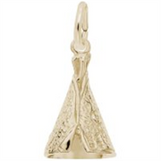 A small gold pendant shaped like a tepee with intricate detailing and a loop at the top for attaching to a chain, this Tepee Charm - SS by Rembrandt Charms exudes rustic elegance.