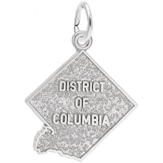 The Rembrandt Charms District of Columbia Sterling Silver Charm features a textured Washington D.C. shape with "District of Columbia" embossed on it and includes a small loop for easy attachment to bracelets or chains.
