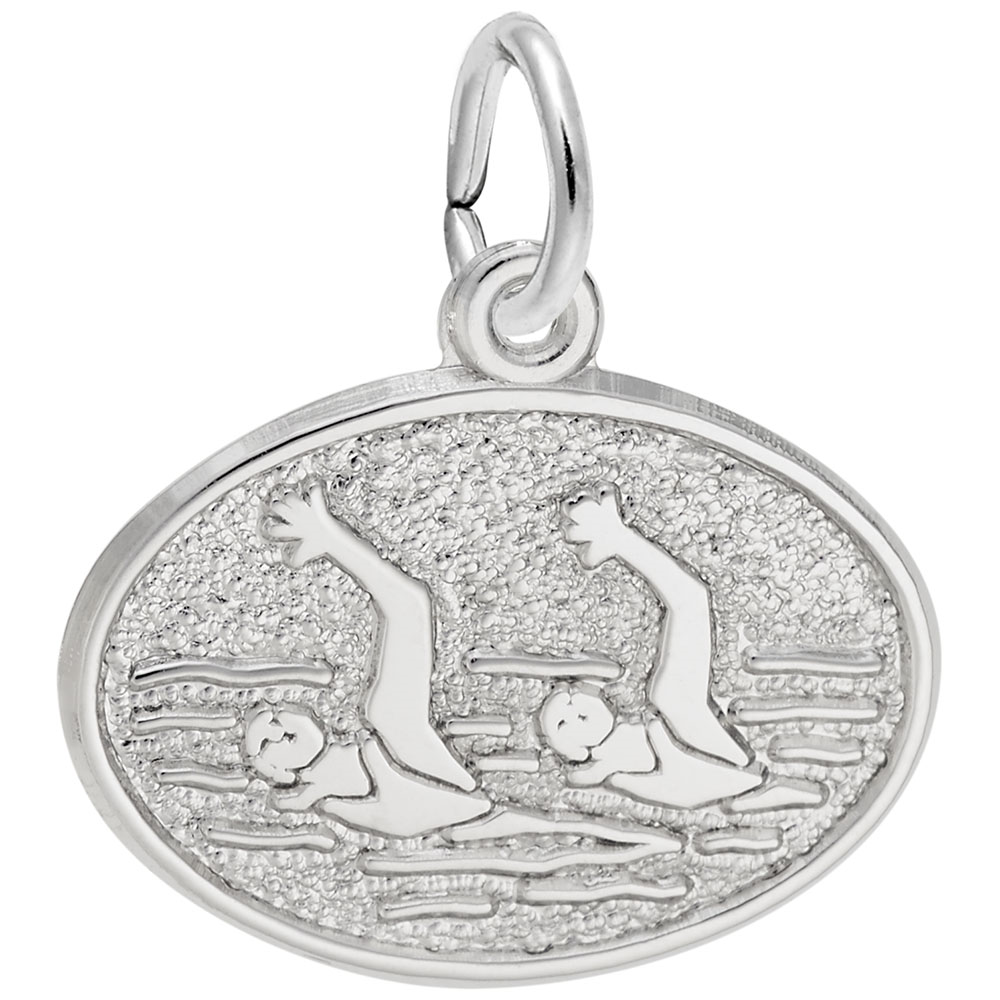 The Synchronized Swimming Oval Disc Charm by Rembrandt Charms is a sterling silver pendant showcasing an engraved image of two synchronized swimmers in mid-stroke, surrounded by intricate water details. This exquisite charm features an oval shape with a small loop at the top for easy attachment to a chain or bracelet.