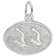The Synchronized Swimming Oval Disc Charm by Rembrandt Charms is a sterling silver pendant showcasing an engraved image of two synchronized swimmers in mid-stroke, surrounded by intricate water details. This exquisite charm features an oval shape with a small loop at the top for easy attachment to a chain or bracelet.