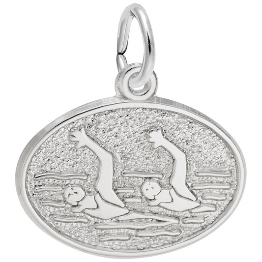 The Synchronized Swimming Oval Disc Charm by Rembrandt Charms is a sterling silver pendant showcasing an engraved image of two synchronized swimmers in mid-stroke, surrounded by intricate water details. This exquisite charm features an oval shape with a small loop at the top for easy attachment to a chain or bracelet.